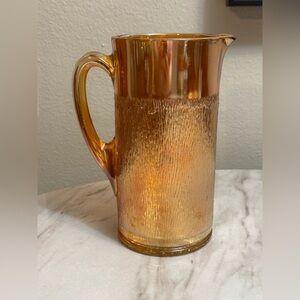 Jeannette "Tree Bark" pattern carnival glass pitcher marigold iridescent color